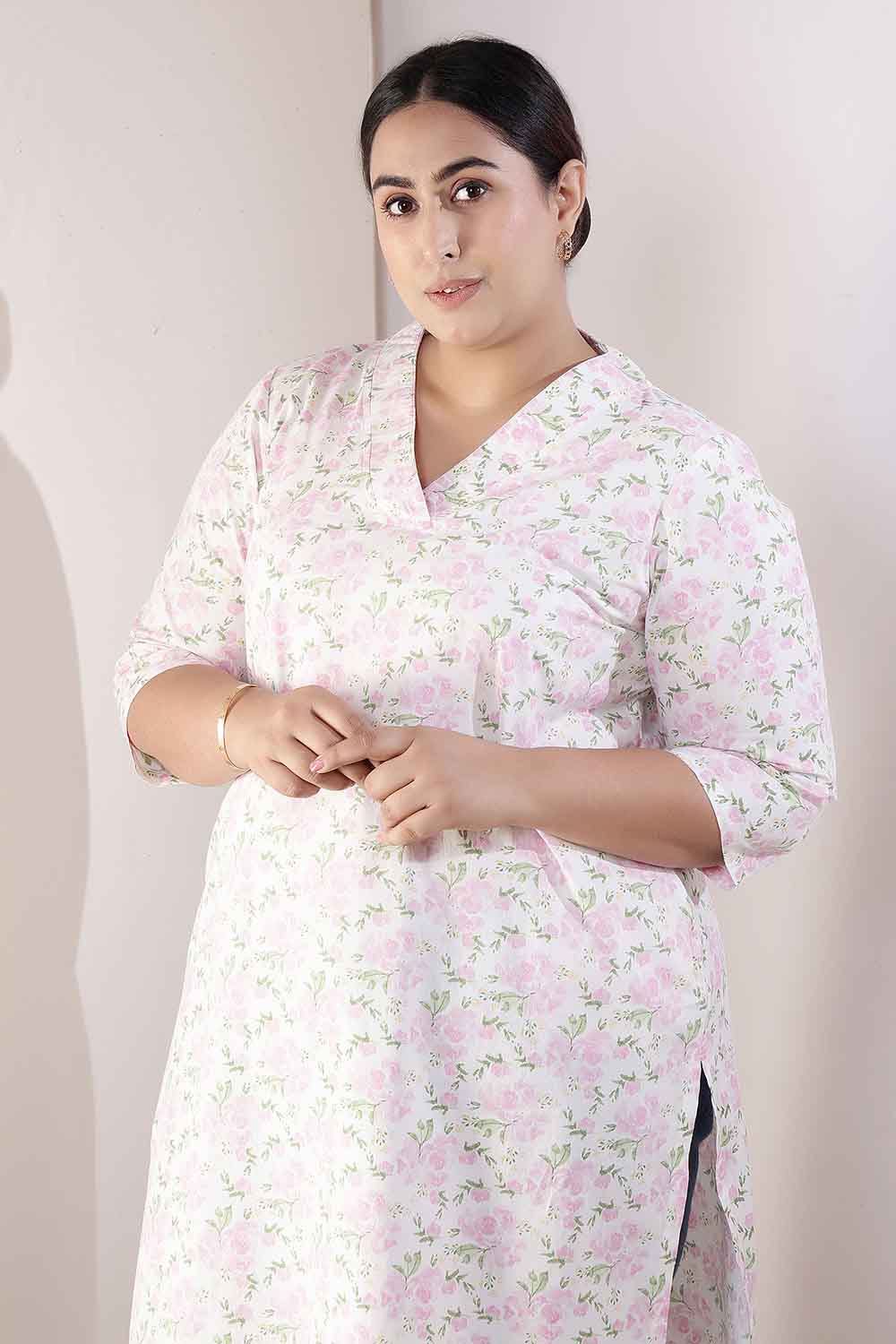 Plus Size Pink Floral V Neck Cotton Kurta