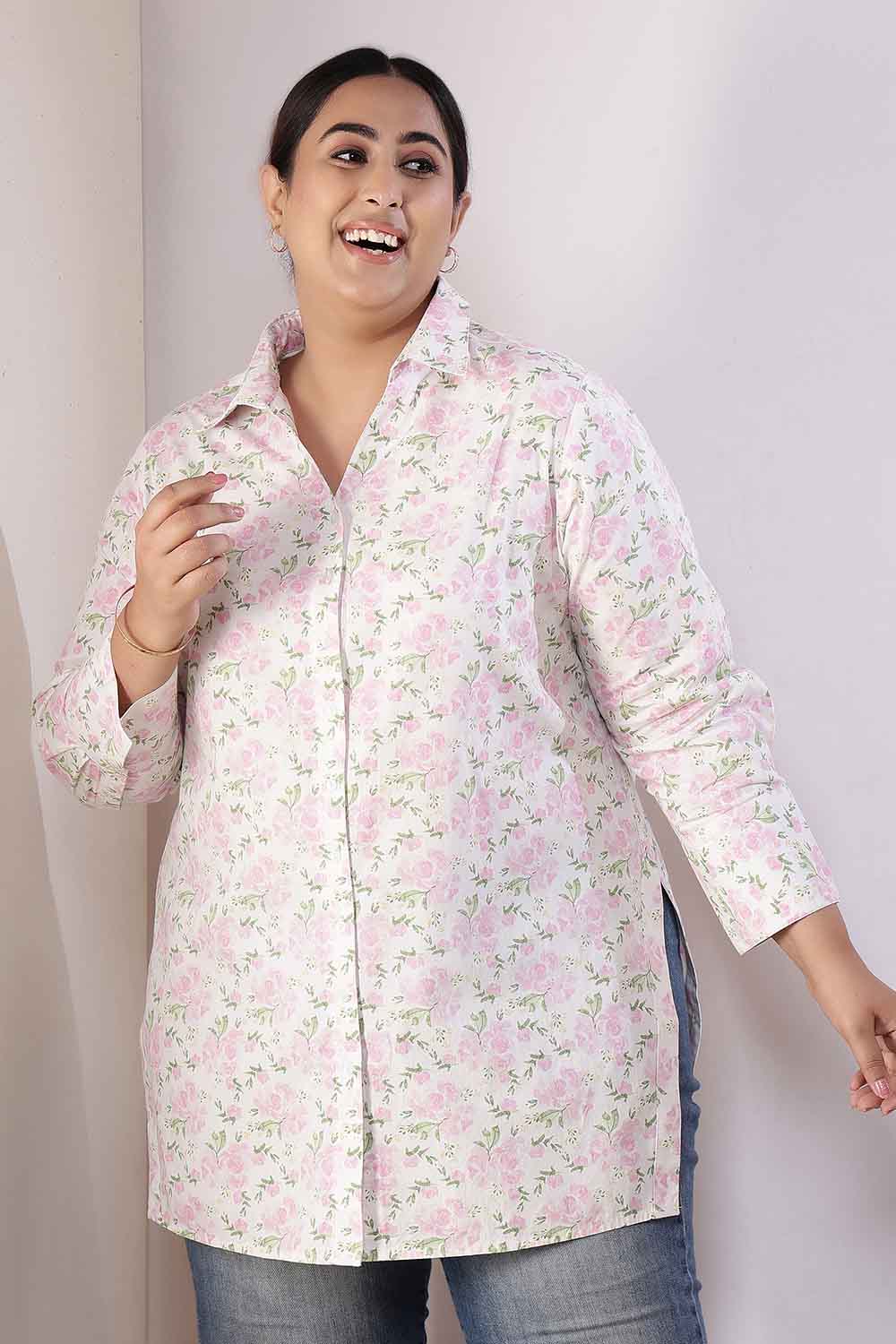 Plus Size Pink Floral High Slit Styled Cuff Cotton Shirt