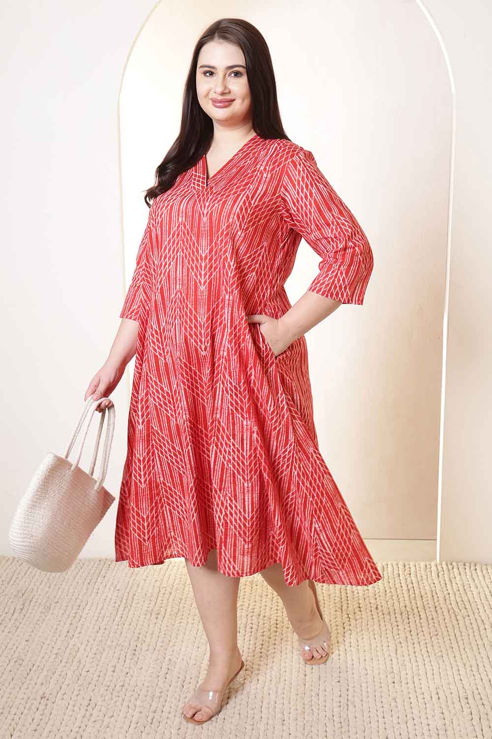 Plus Size Bold Red & White Print Cotton Midi Dress