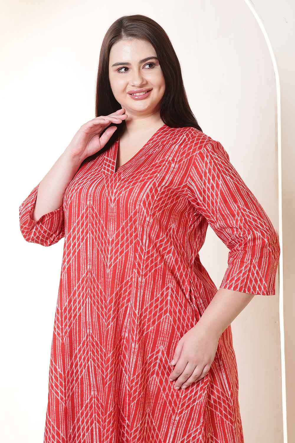 Plus Size Bold Red & White Print Cotton Midi Dress