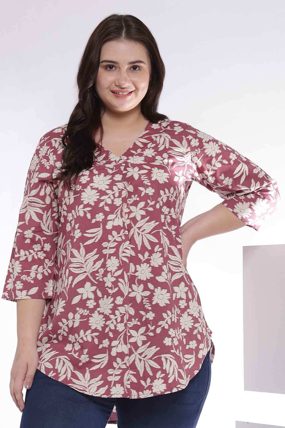 Plus Size Purple Taupe Floral Print V Neck Cotton Top