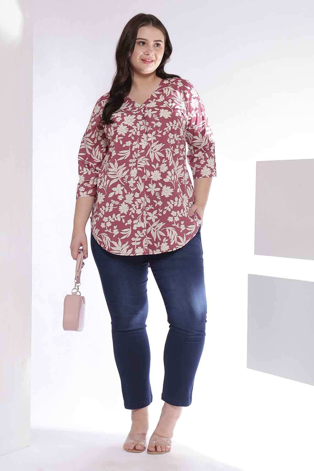 Plus Size Purple Taupe Floral Print V Neck Cotton Top