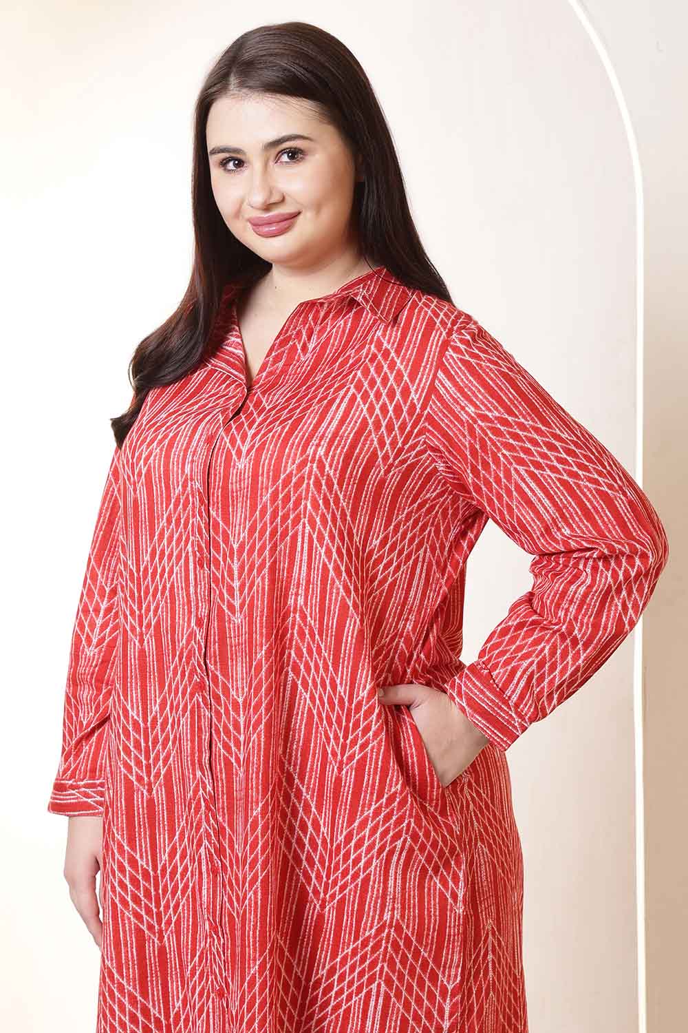Buy Plus Size Bold Red & White Print Cotton Shirt Dress