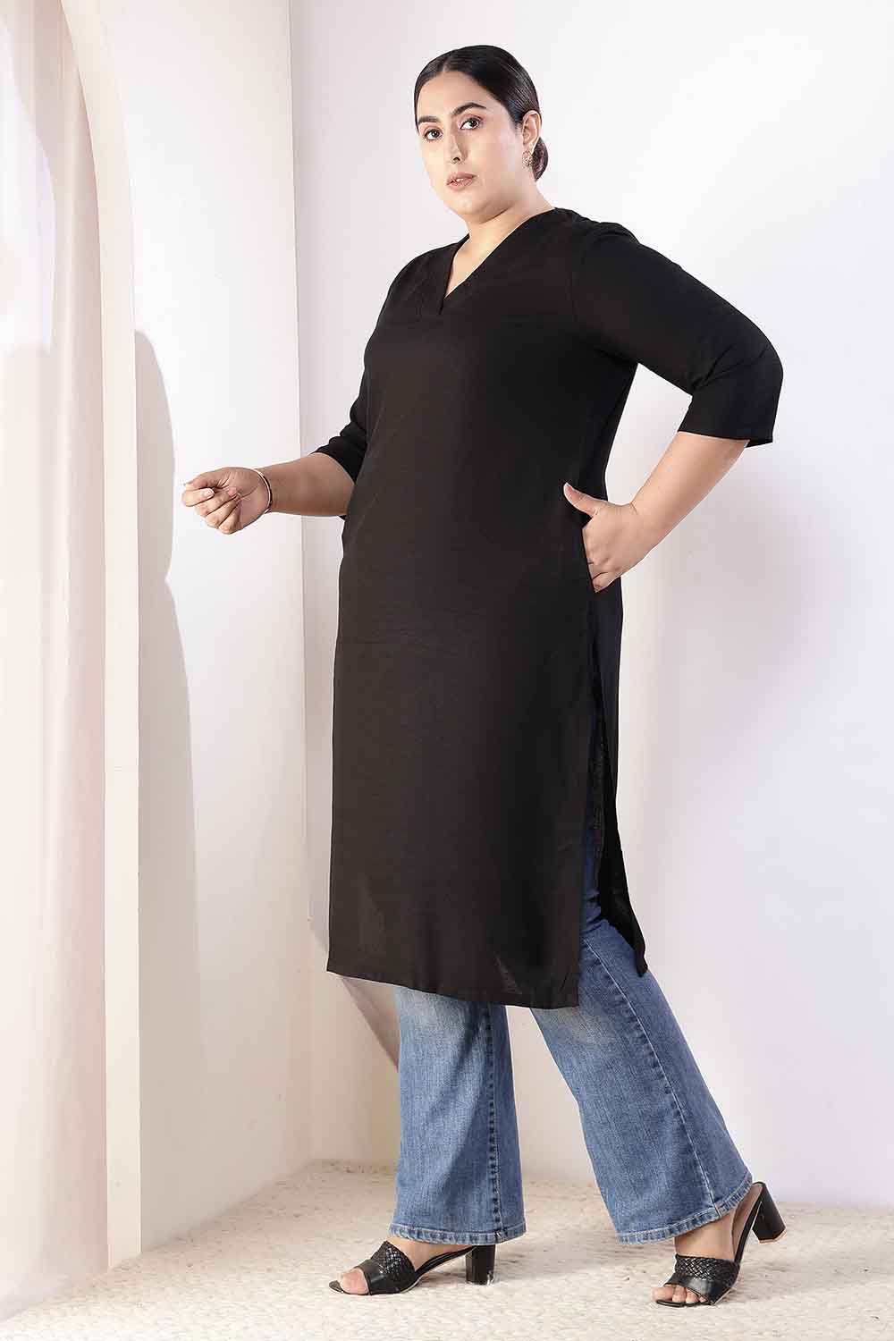 Plus Size Black V-Neck Cotton Linen V Neck Kurta