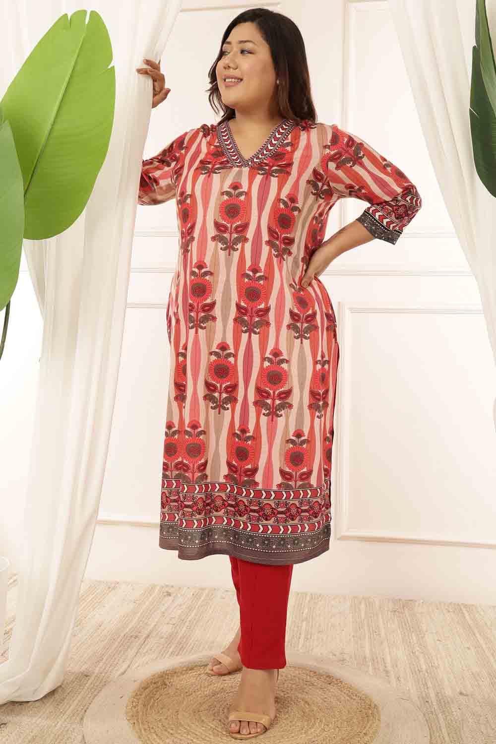 Plus Size Women Green Floral Kurta Set