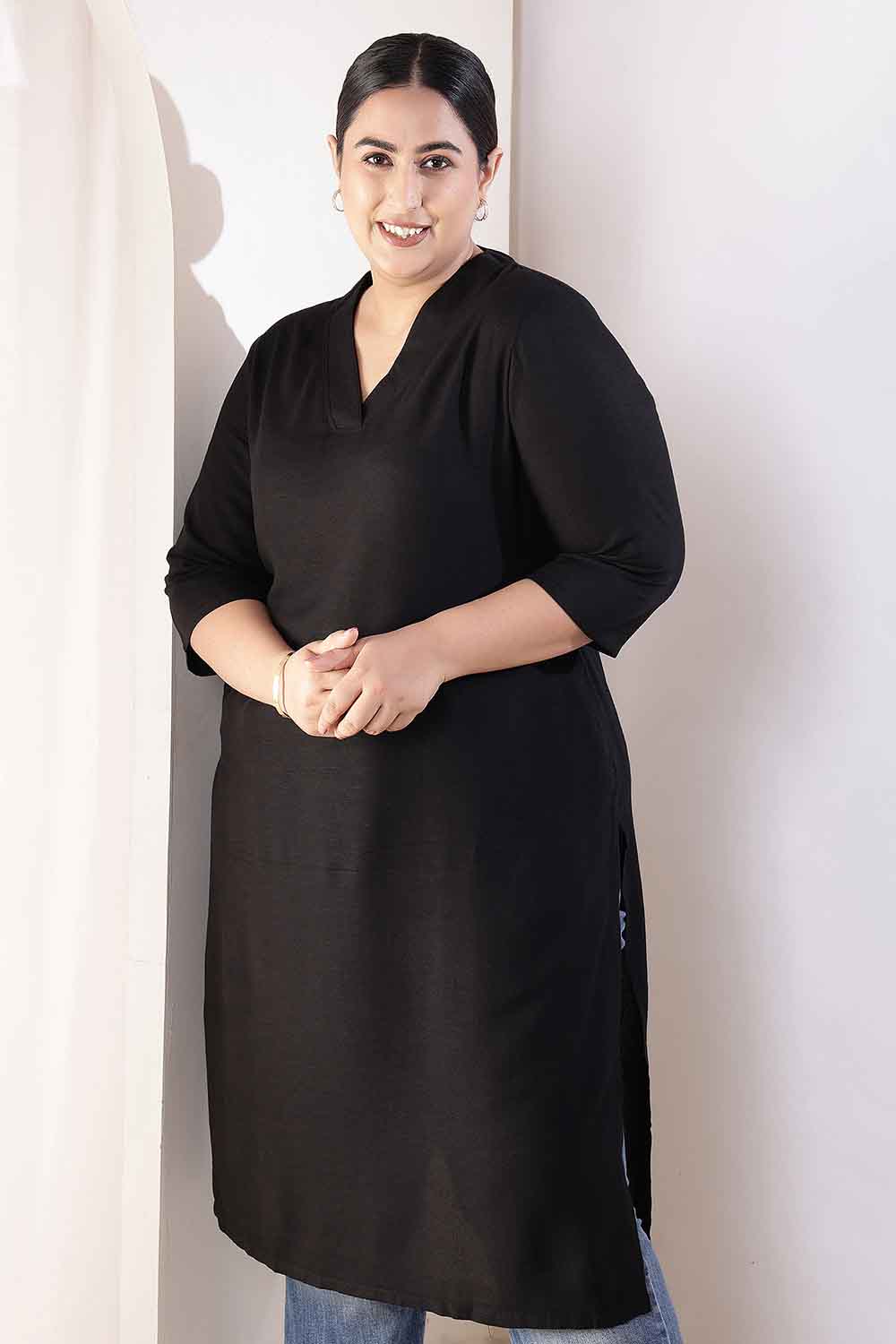 Plus Size Black V-Neck Cotton Linen V Neck Kurta