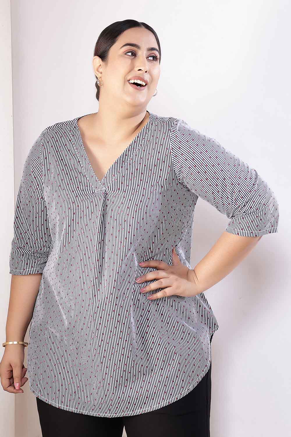 Plus Size Little Beatle Striped Cotton V-Neck Top