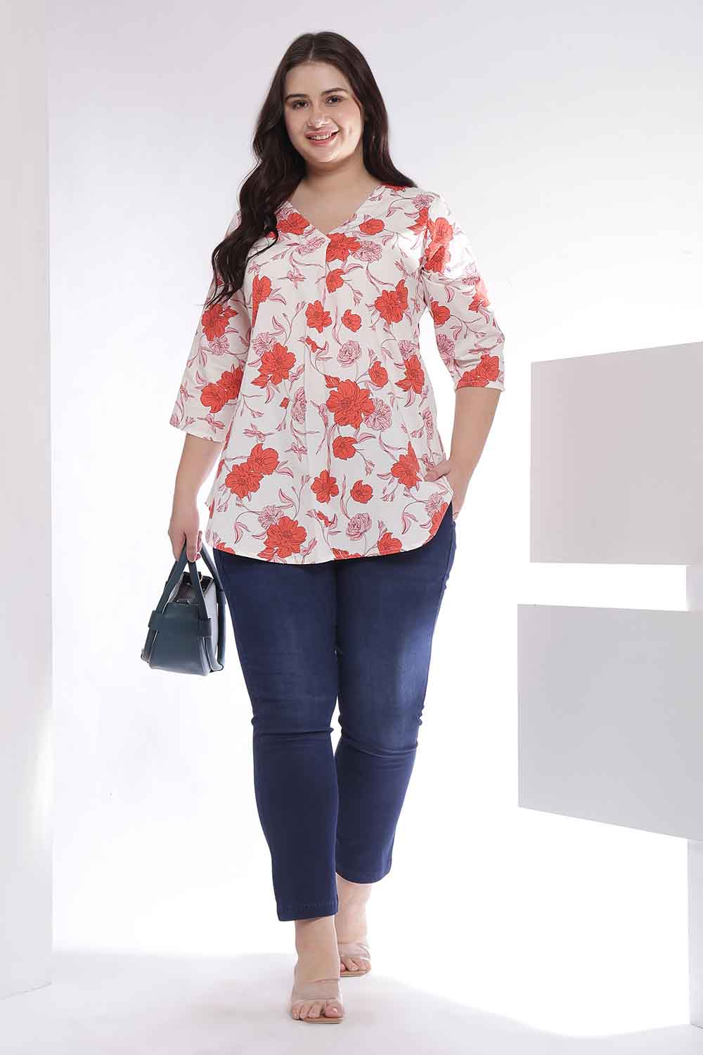 Plus Size Red Floral Print V Neck Cotton Top