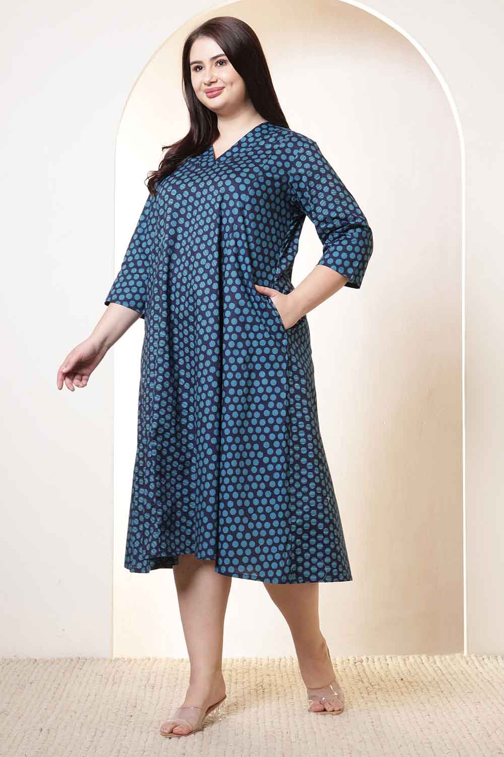 Plus Size Navy & Teal Polka Print Cotton Midi Dress