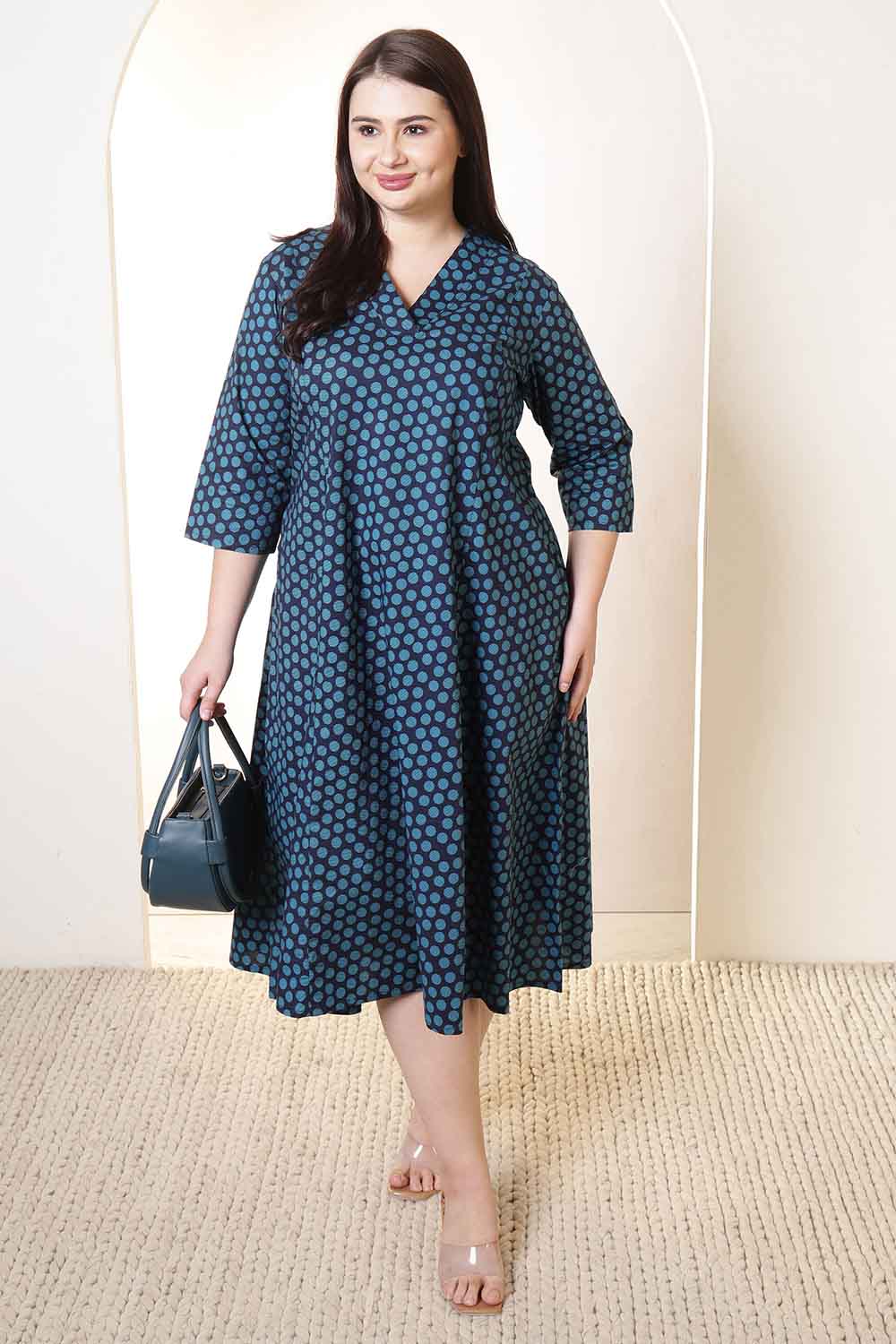 Plus Size Navy & Teal Polka Print Cotton Midi Dress