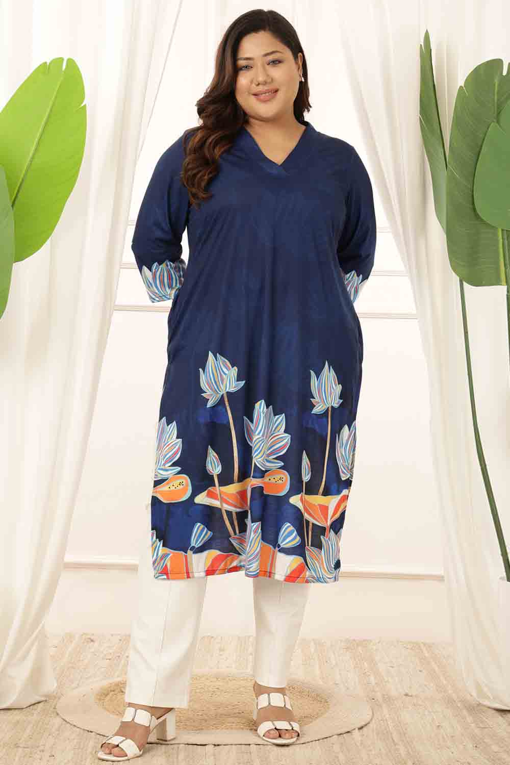 Plus Size Blue Floral V Neck Kurta