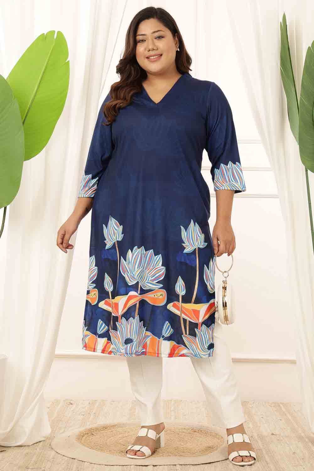 Plus Size Blue Floral V Neck Kurta