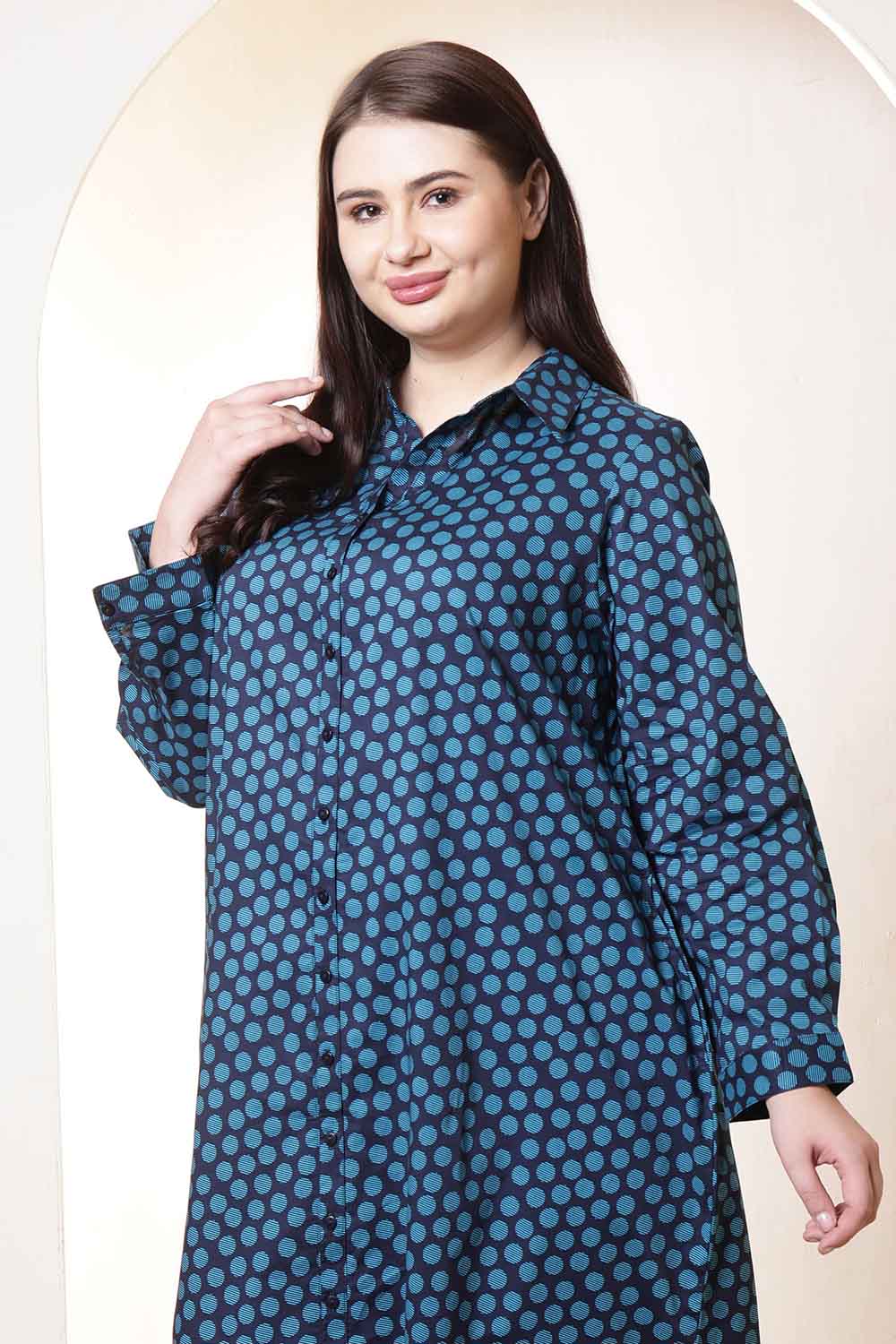 Buy Plus Size Navy & Teal Polka Print Cotton Shirt Dress