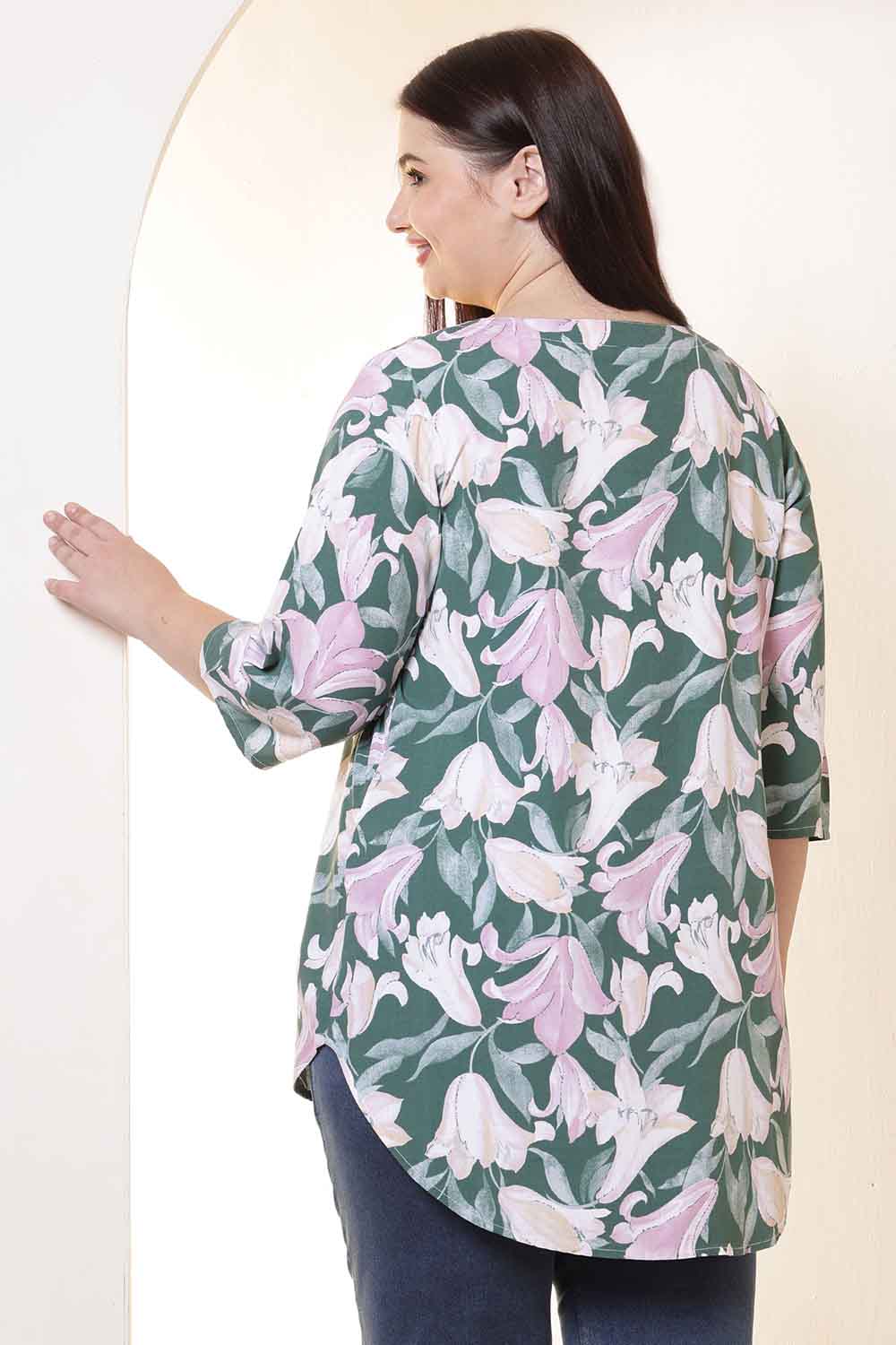 Plus Size Green & Pink Flower Print V Neck Rayon Top