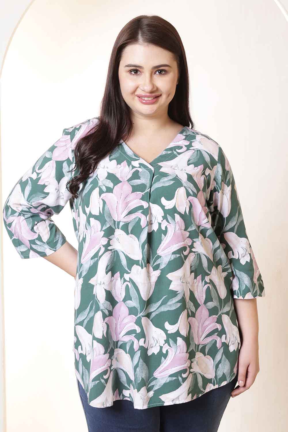 Plus Size Green & Pink Flower Print V Neck Rayon Top for Women