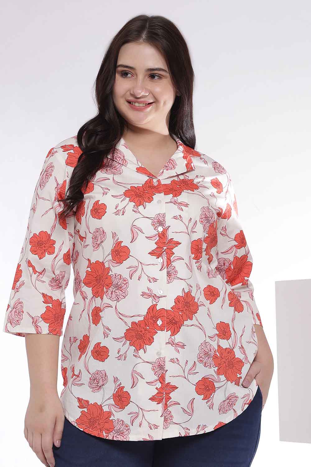 Plus Size Red Floral Print Cuban Collar Cotton Shirt