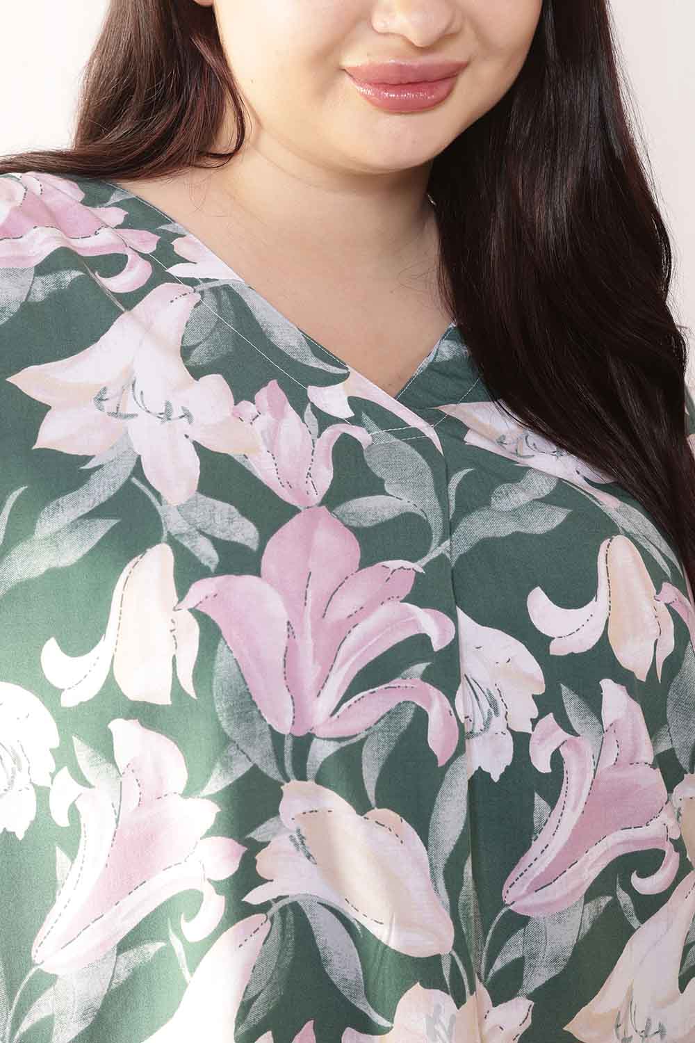 Comfortable Plus Size Green & Pink Flower Print V Neck Rayon Top