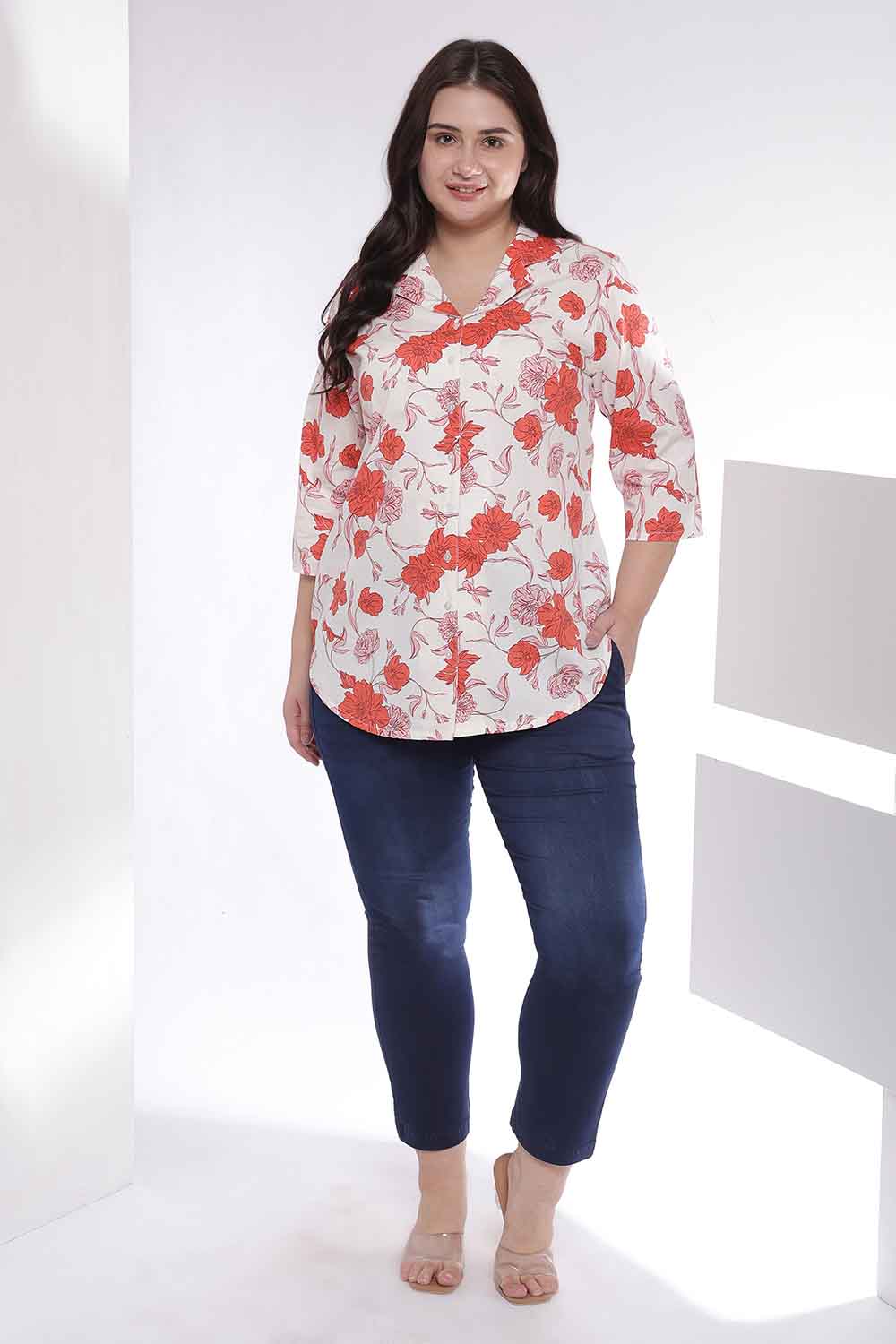 Plus Size Red Floral Print Cuban Collar Cotton Shirt