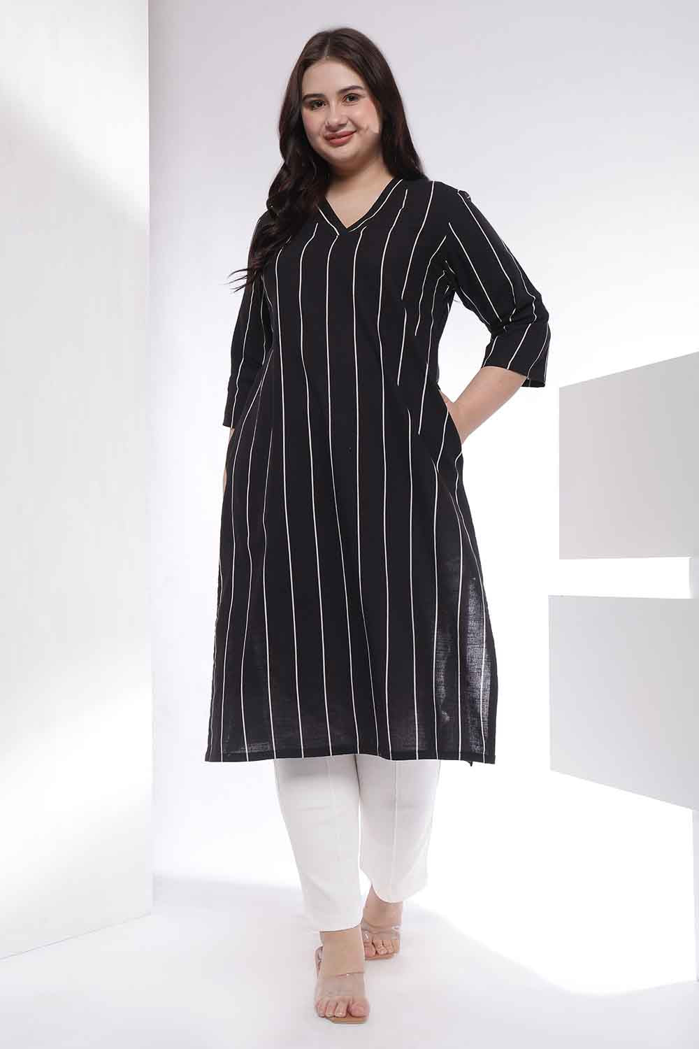 Plus Size Black Vertical Stripe Cotton V Neck Kurta
