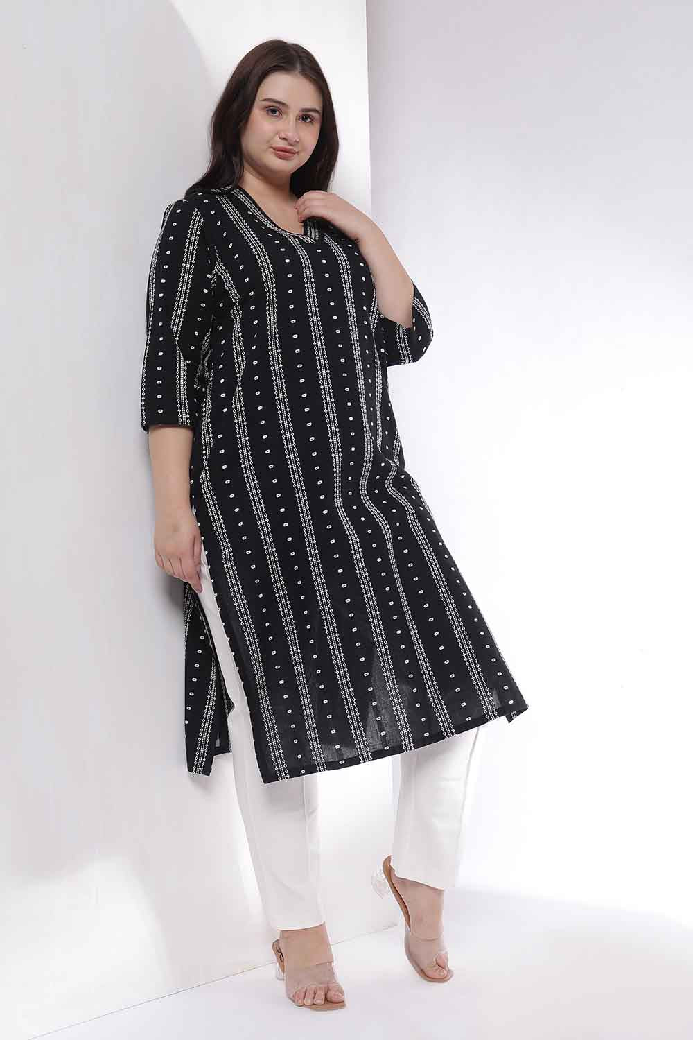 Plus Size Black Weave Work Cotton V Neck Kurta