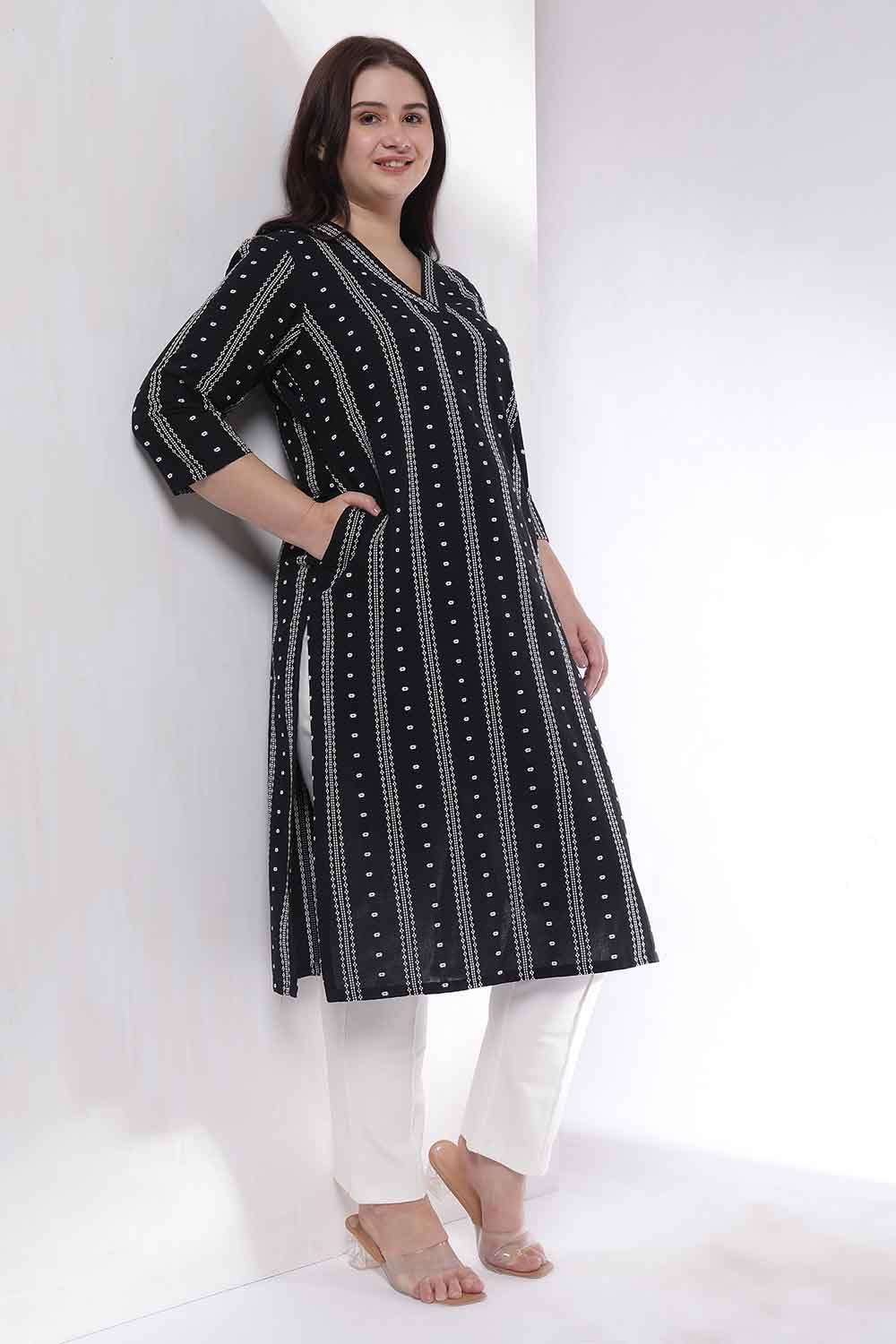 Plus Size Black Weave Work Cotton V Neck Kurta