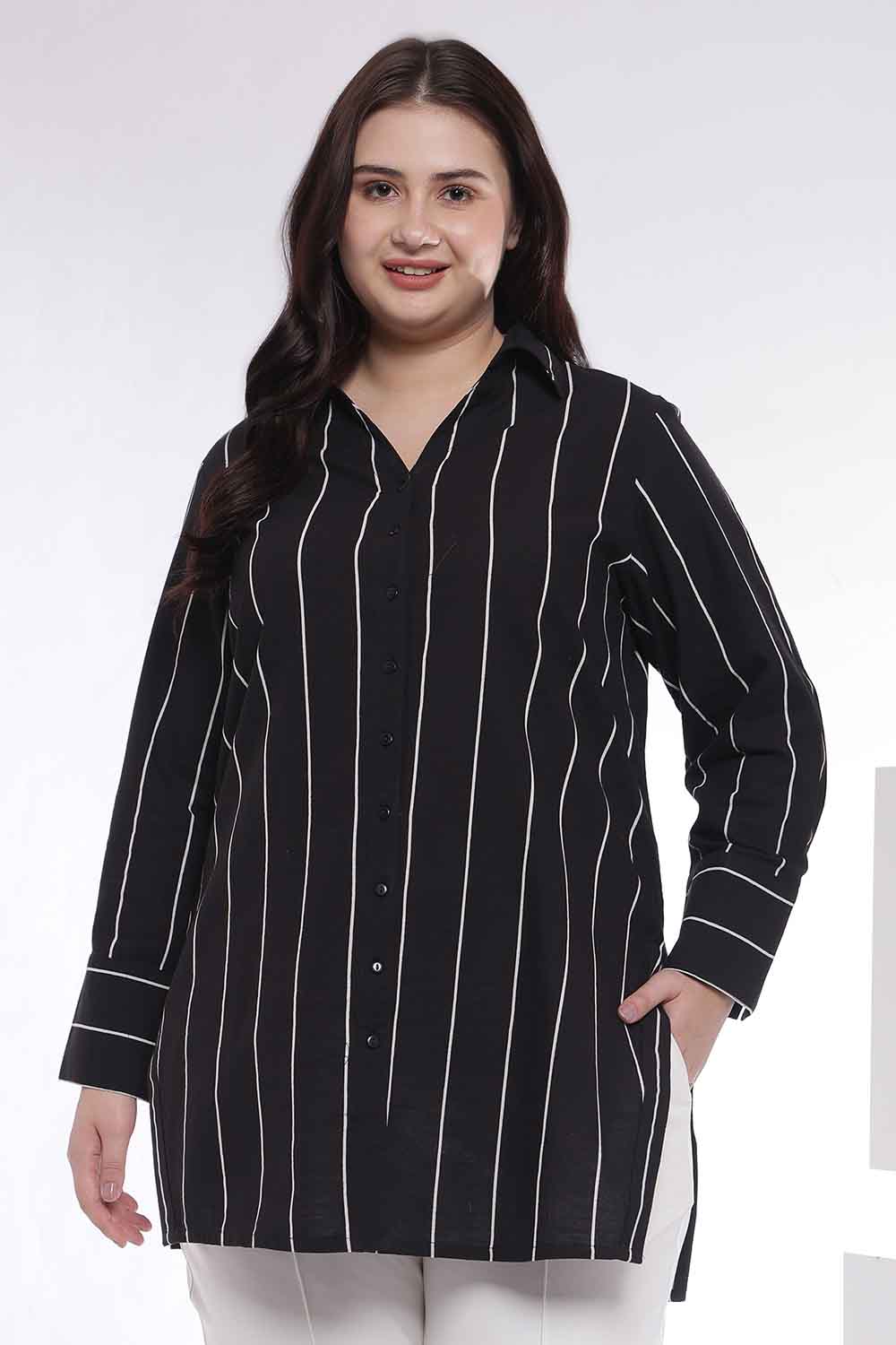 Plus Size Black Vertical Stripe High Slit Styled Cuff Cotton Shirt