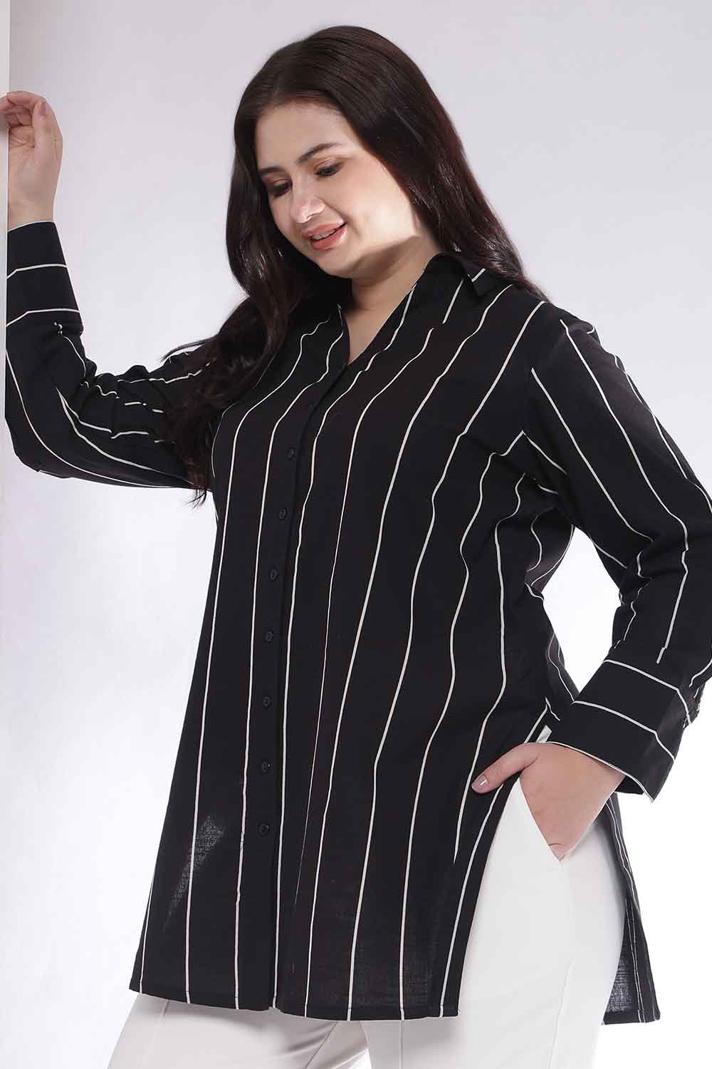 Plus Size Black Vertical Stripe High Slit Styled Cuff Cotton Shirt