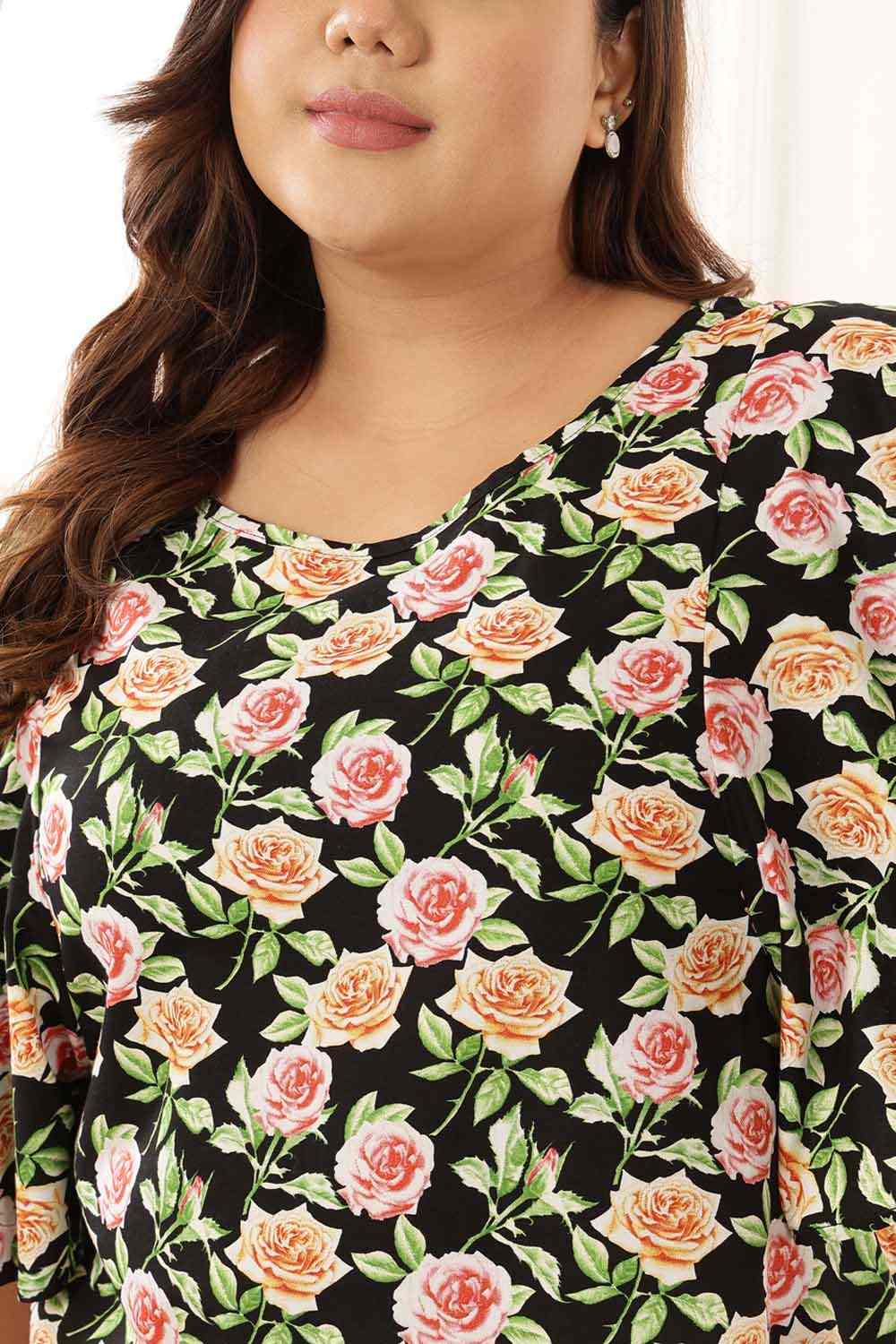 Plus Size Black Floral Flare Cotton Top for Women