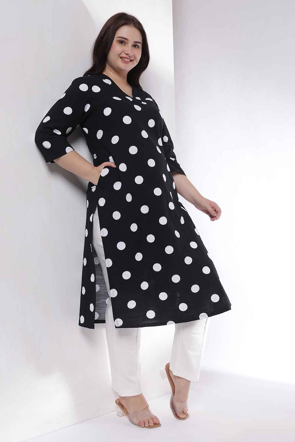 Plus Size Black Polka Print Rayon V Neck Kurta