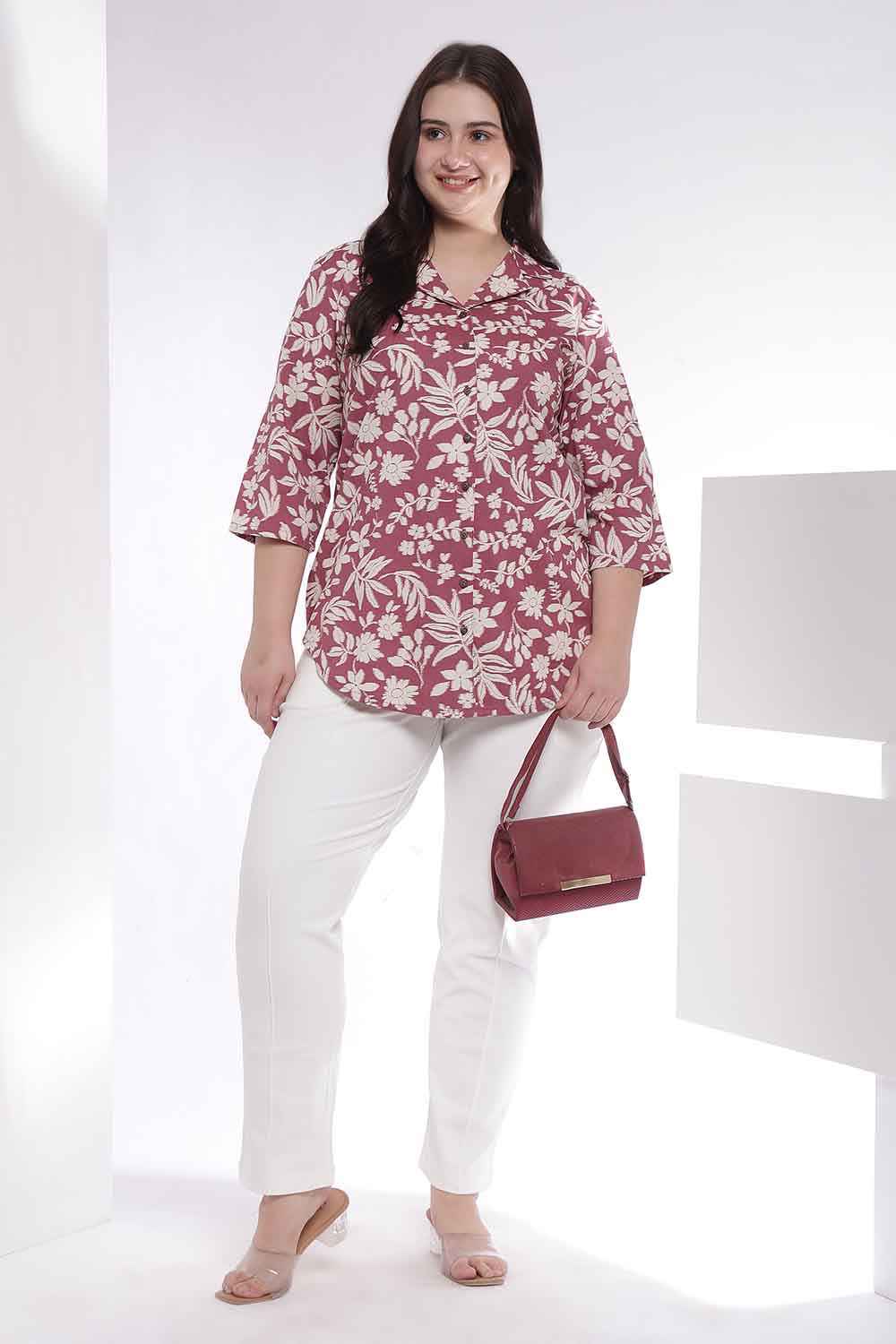 Plus Size Purple Taupe Floral Print Cuban Collar Cotton Shirt