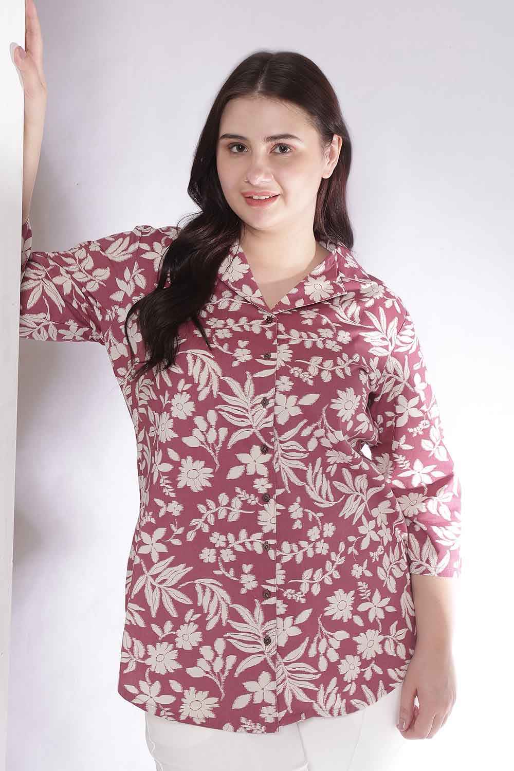Plus Size Purple Taupe Floral Print Cuban Collar Cotton Shirt