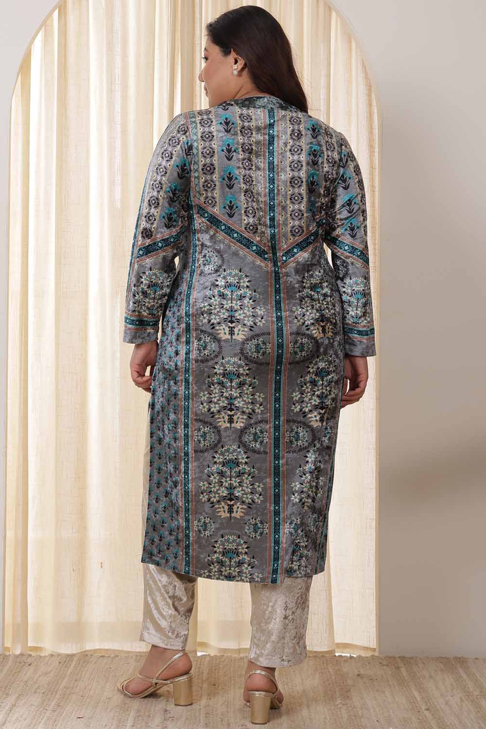 Plus Size Blue Grey Velvet Kurta