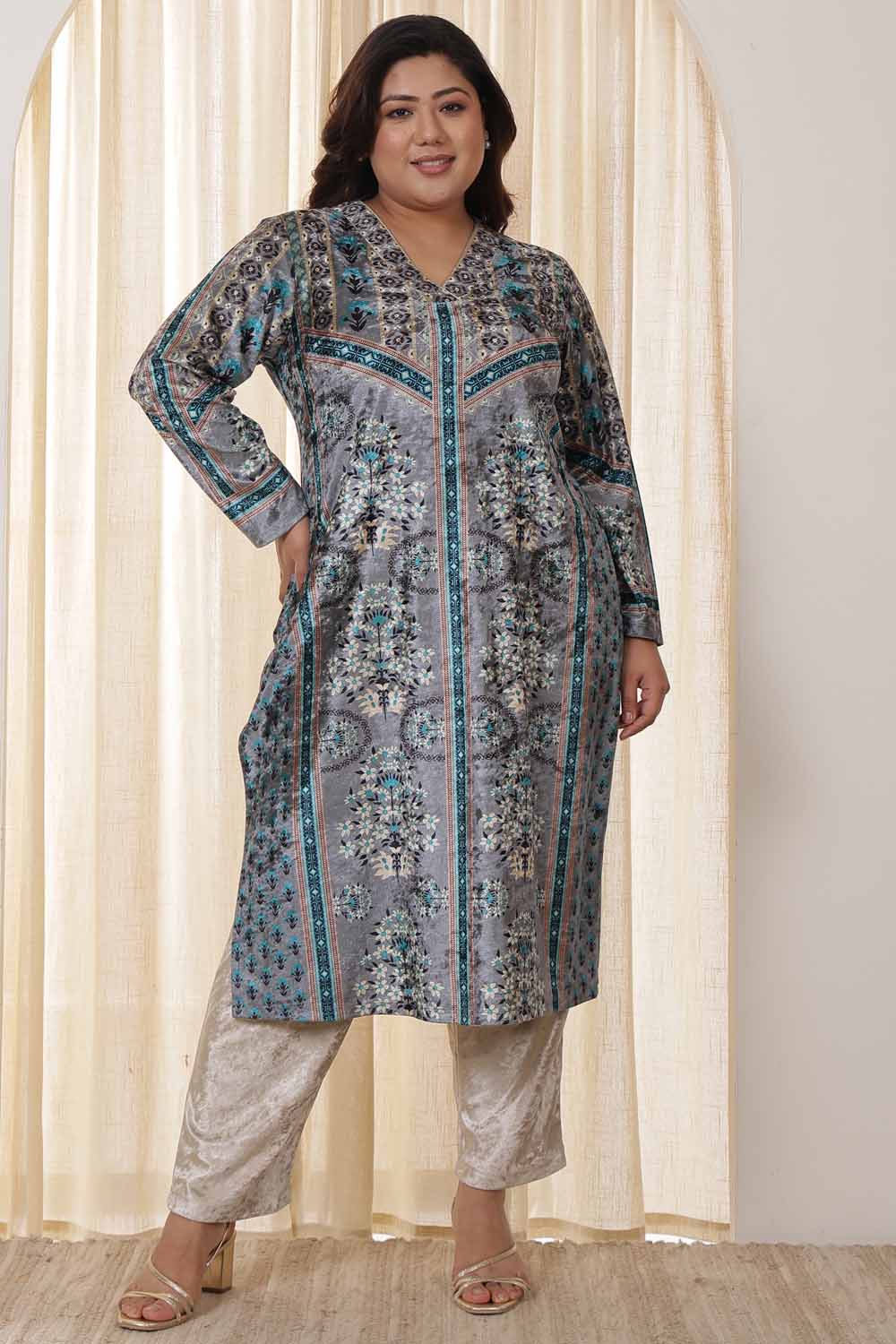 Buy Plus Size Blue Grey Velvet Kurta