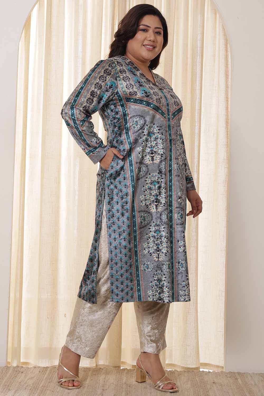 Plus Size Plus Size Blue Grey Velvet Kurta