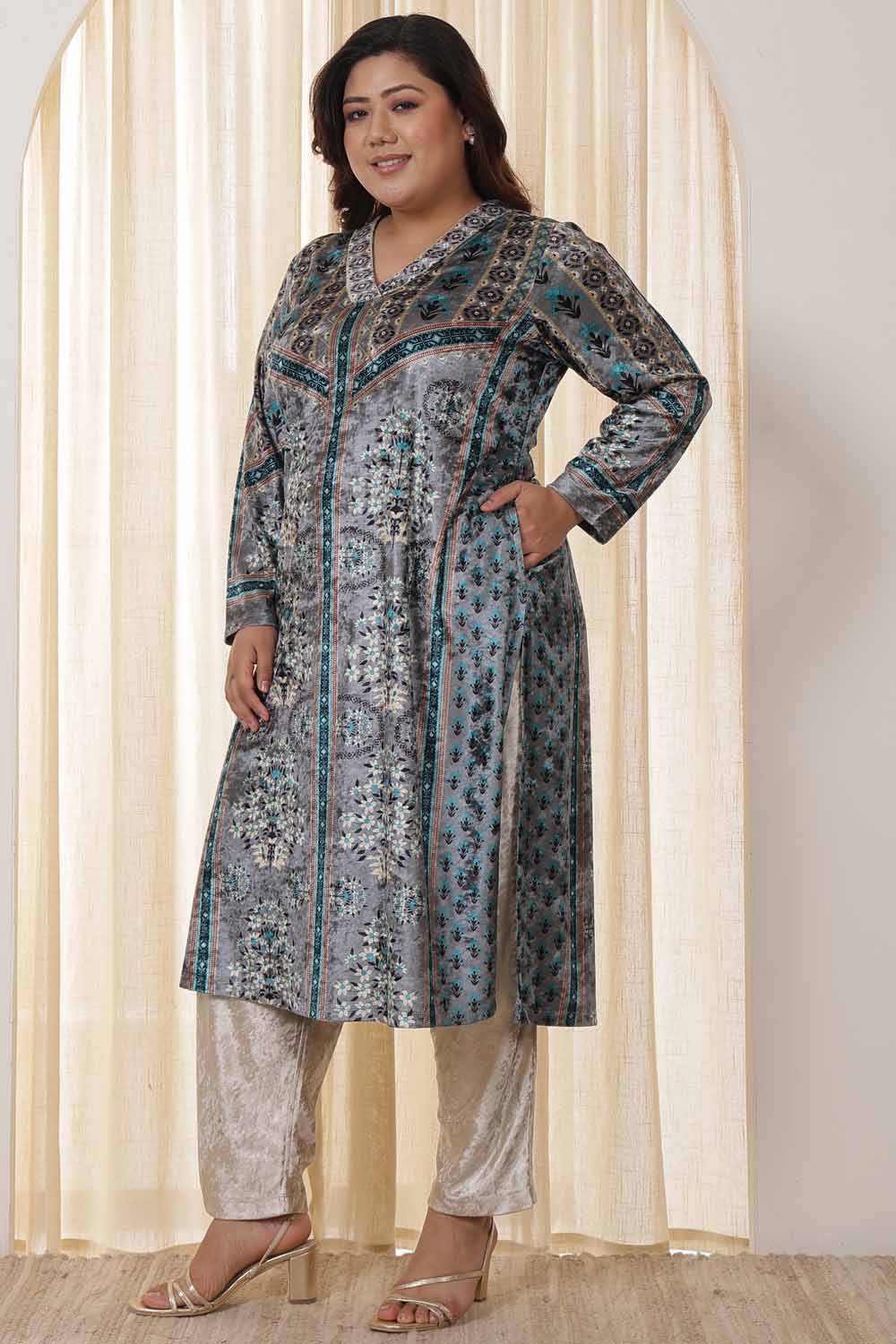 Plus Size Blue Grey Velvet Kurta for Women