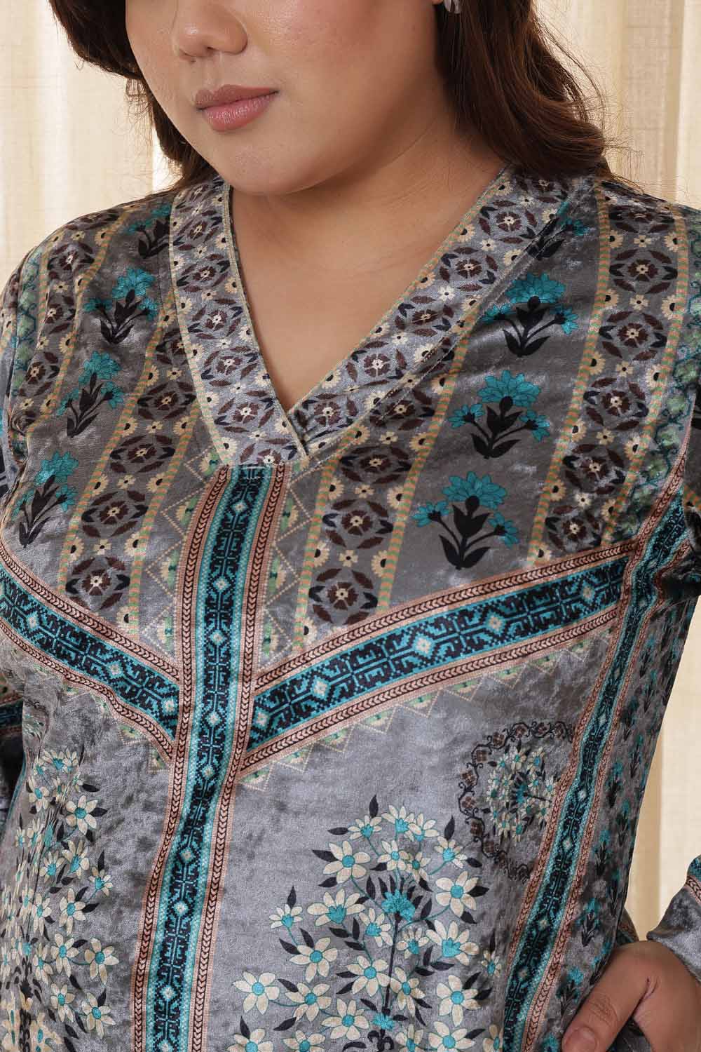 Comfortable Plus Size Blue Grey Velvet Kurta