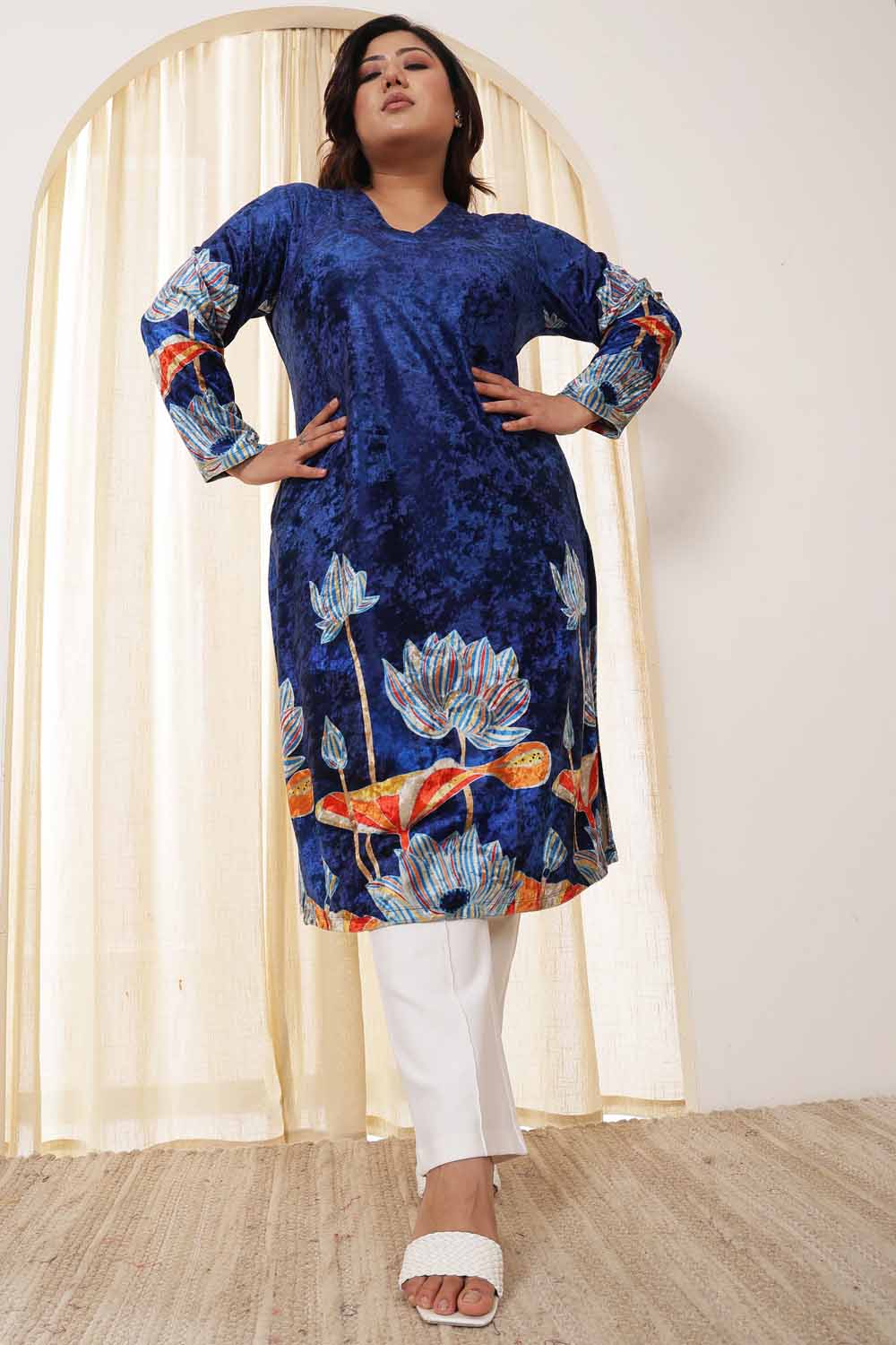 Plus Size Blue Floral Velvet Kurta