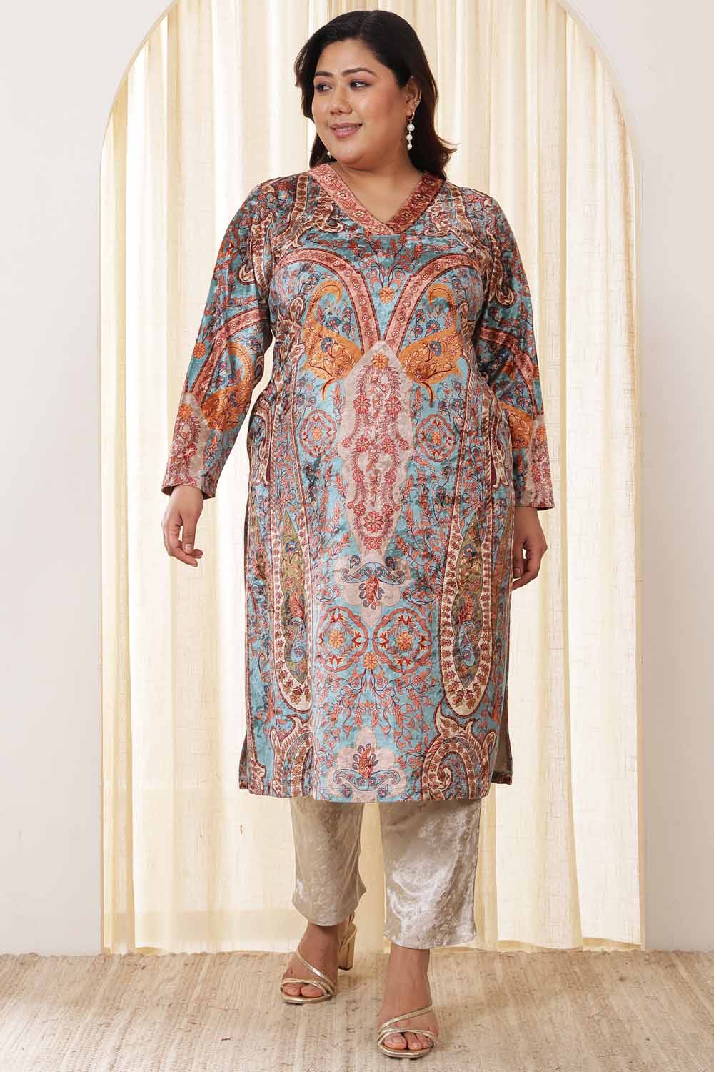 Buy Plus Size Multicolor Ethnic Velvet Kurta