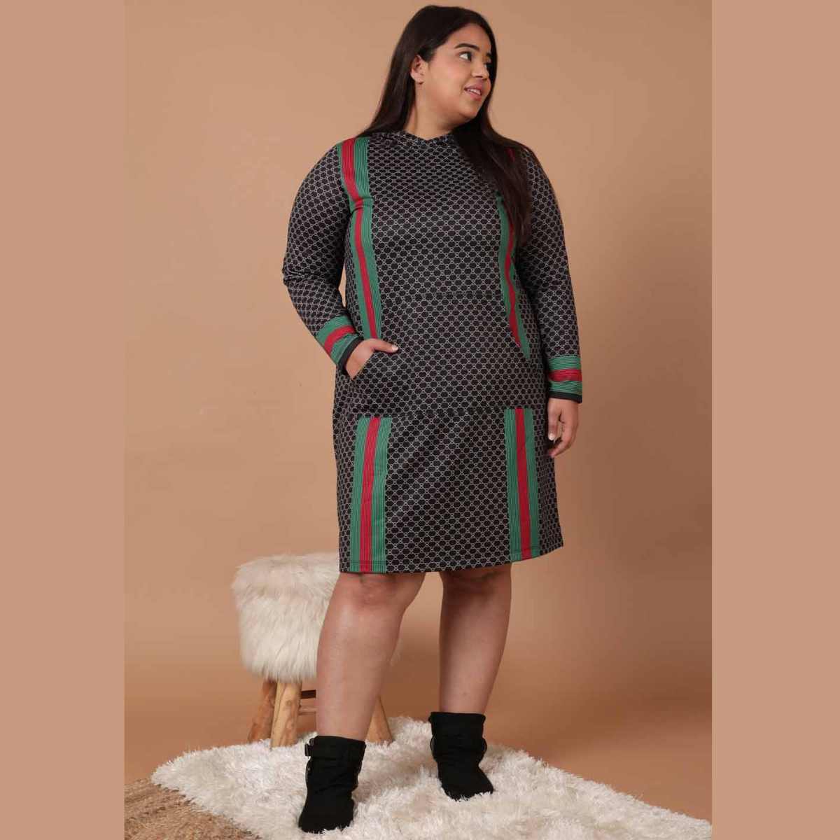 Plus Size Black Luxe Printed Sweatshirt Hoodie Winter Dress