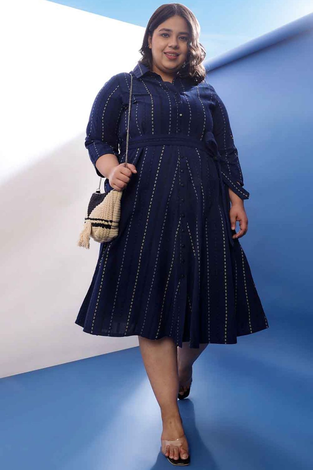 Plus Size Blue Weave Work Cotton Shirt Dress
