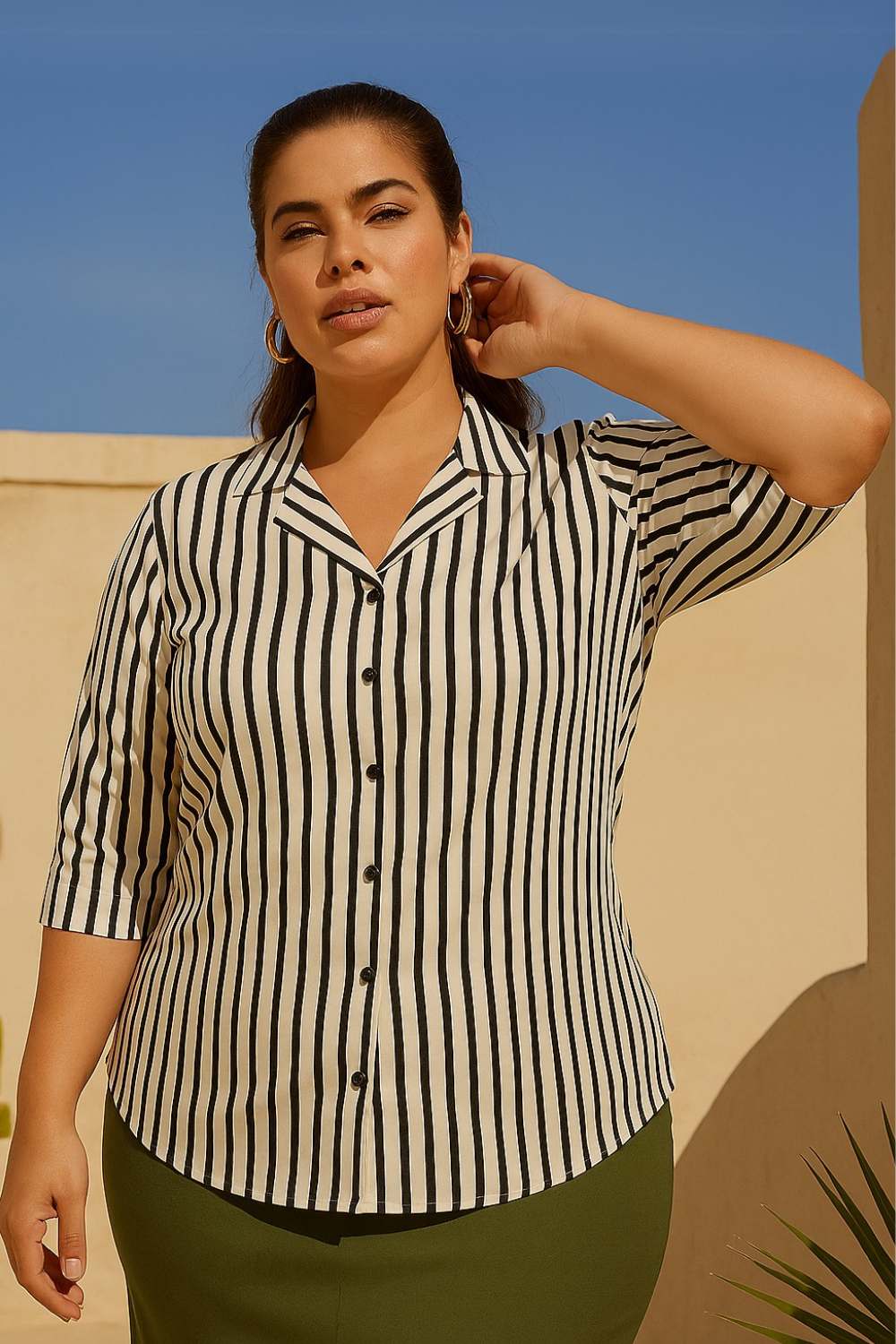 Plus Size Black & White Striped Cuban Collar Cotton Shirt