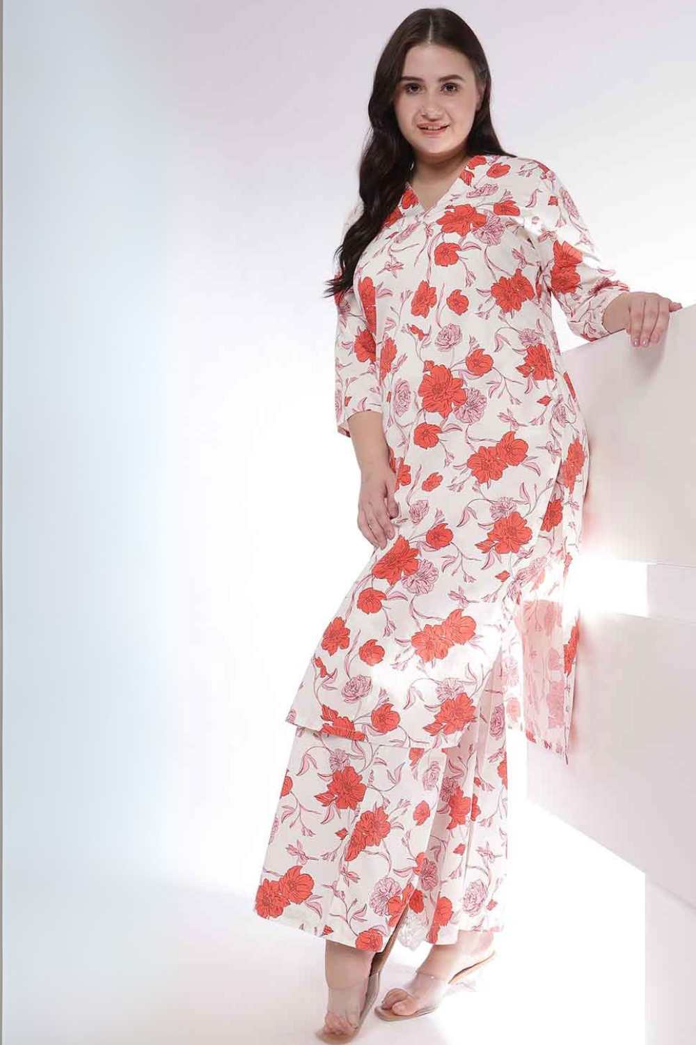 Plus Size Red Floral Print Kurta Coord Set