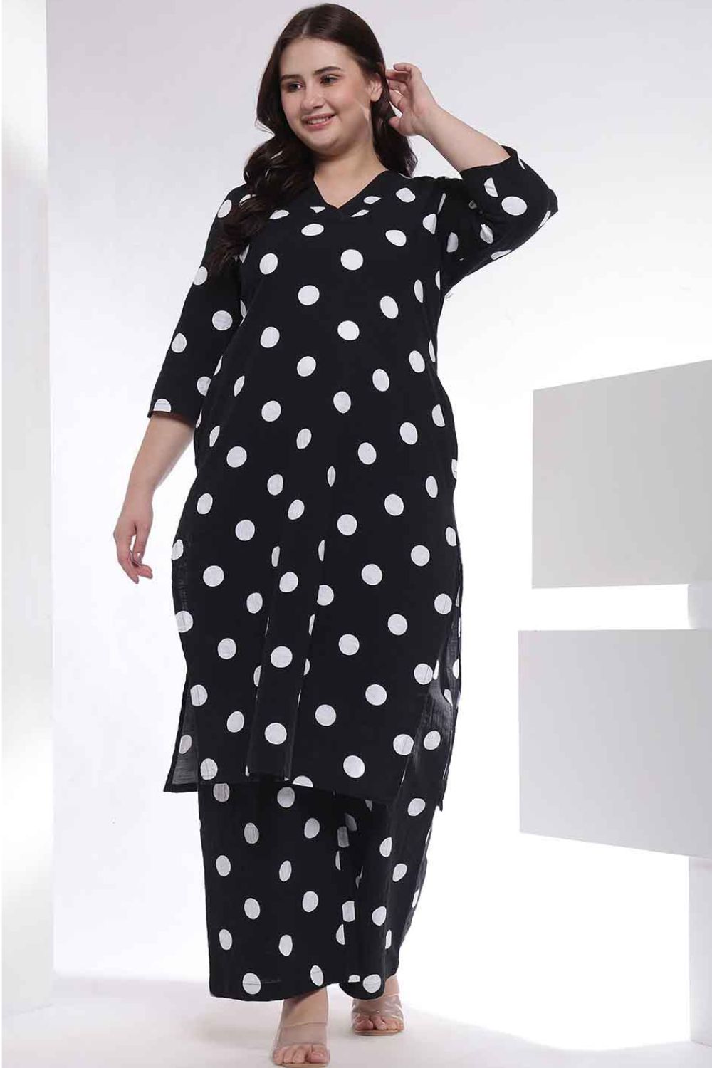 Plus Size Black Polka Print Kurta Coord Set