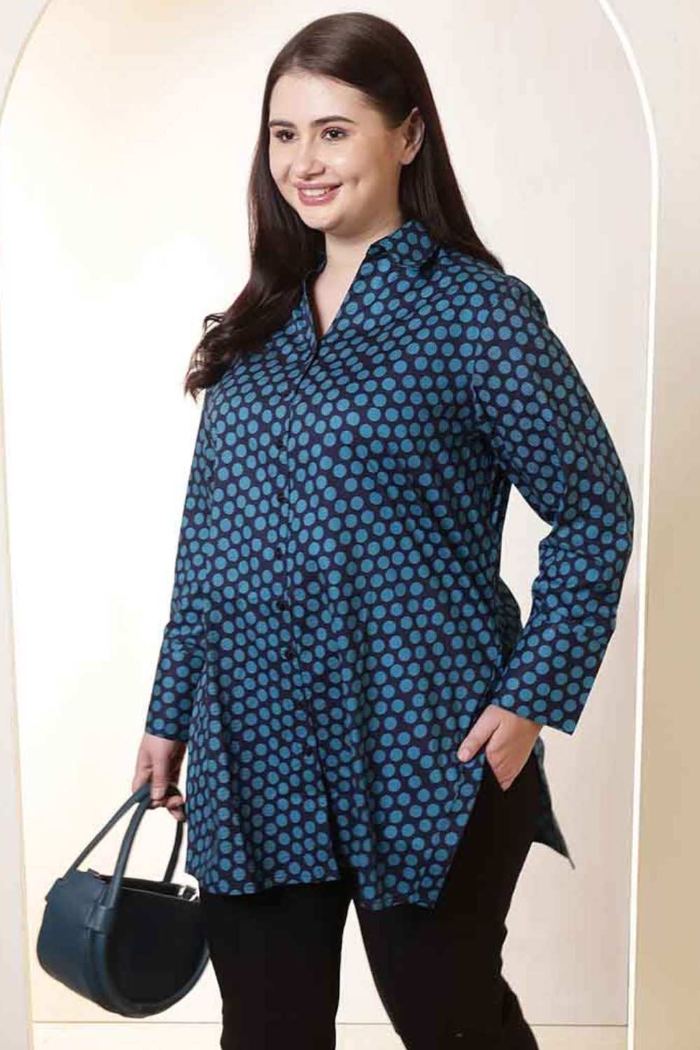 Plus Size Navy & Teal Polka Print High Slit Styled Cuff Cotton Shirt