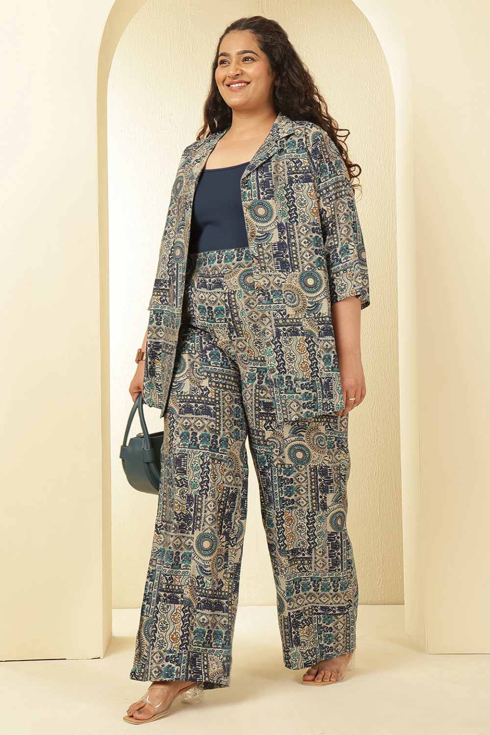 Plus Size Blue Ethnic Print Rayon Muslin Shirt Coord Set