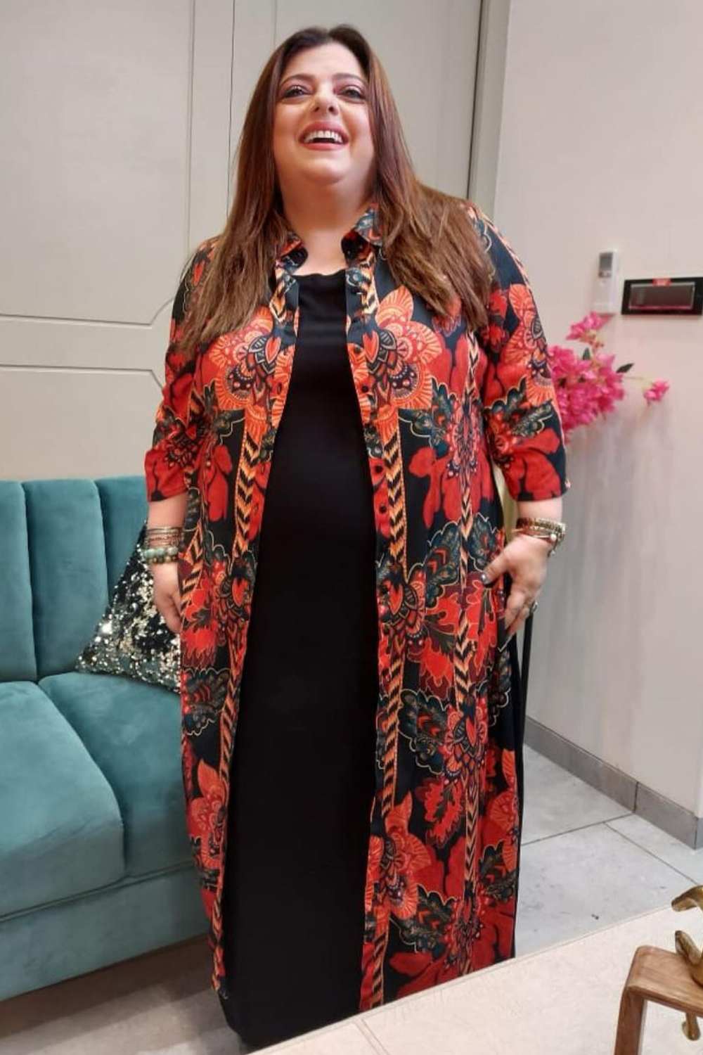 Plus Size Black Tropical Print Kurta Cum Shrug