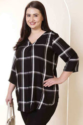 Plus Size Black & White Checkered V-Neck Rayon Twill Top