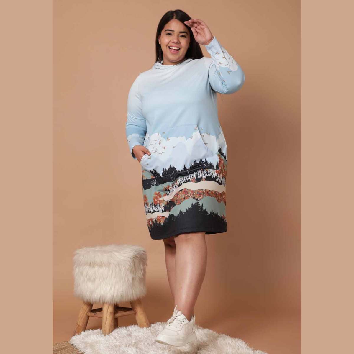 Plus Size Blue Paradise Printed Sweatshirt Hoodie Winter Dress