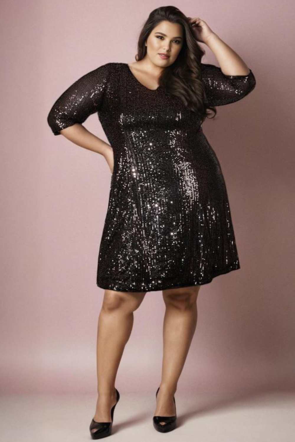 Woman Long Sleeve Plus Size Party Dresses Plus Size Black Sequin