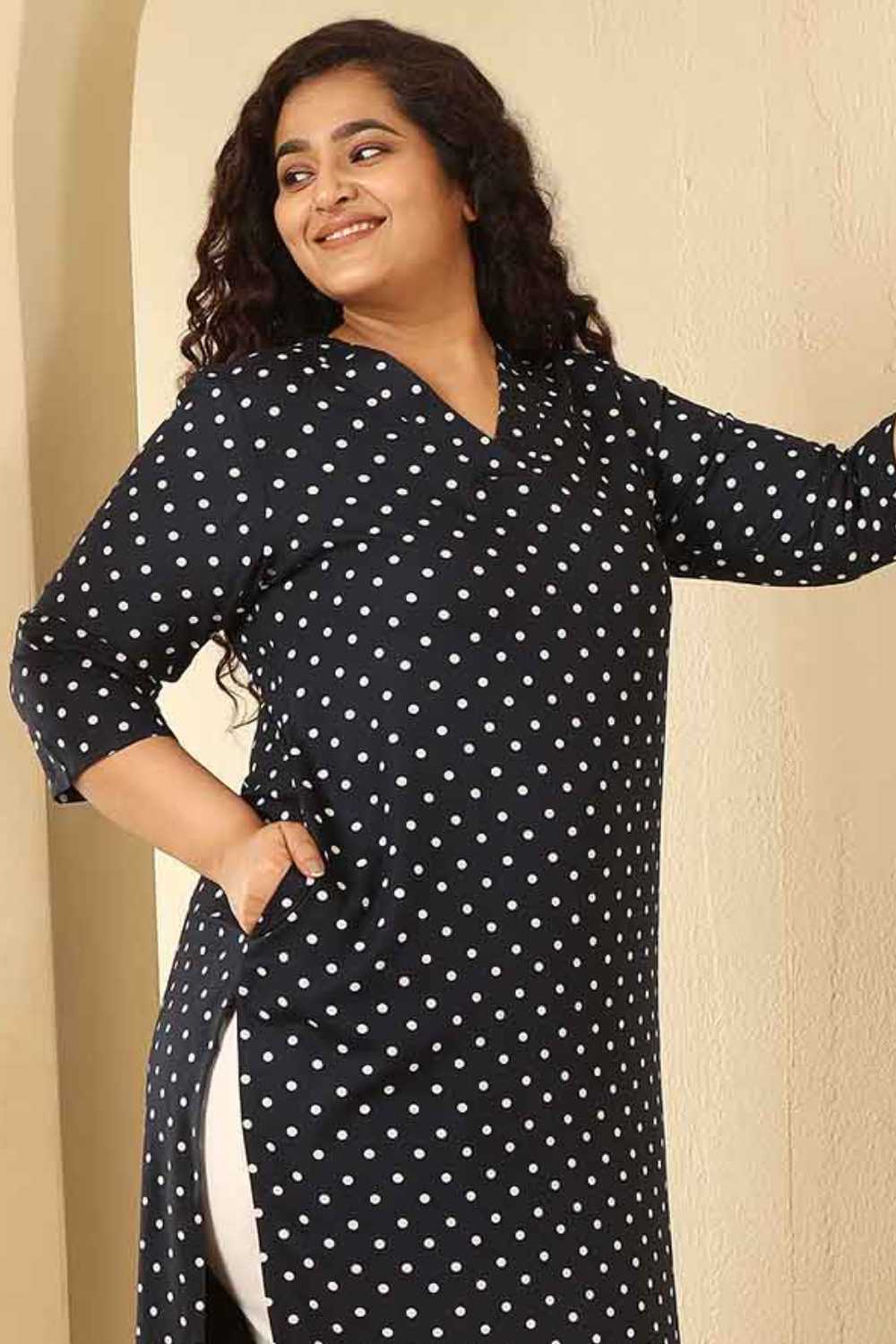 Plus Size Navy Blue Polka Dot Cotton V Neck Kurta